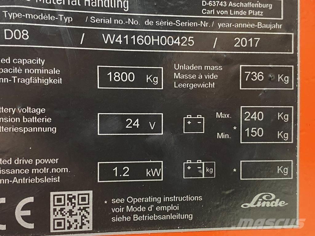 Linde D08 Παλετοφόρα πεζού χειριστή με ιστό