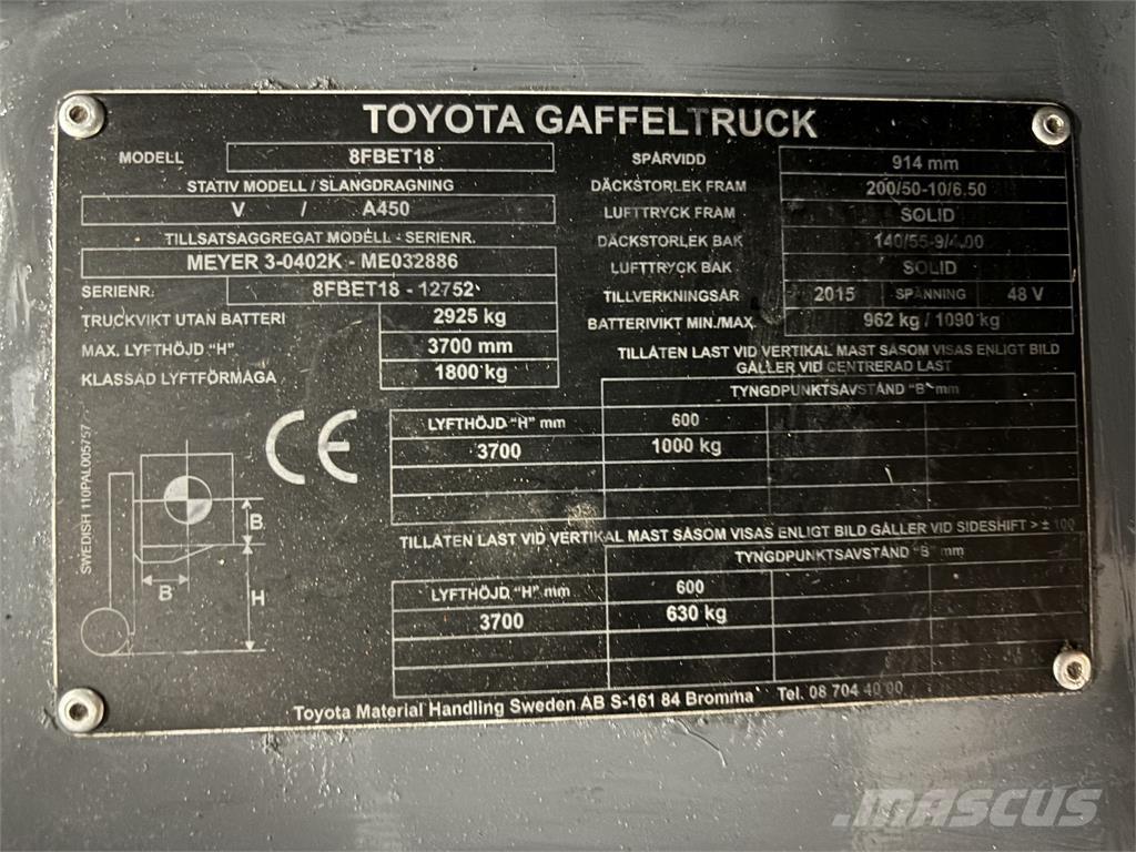 Toyota 8FBET18 Ηλεκτρικά περονοφόρα ανυψωτικά κλαρκ