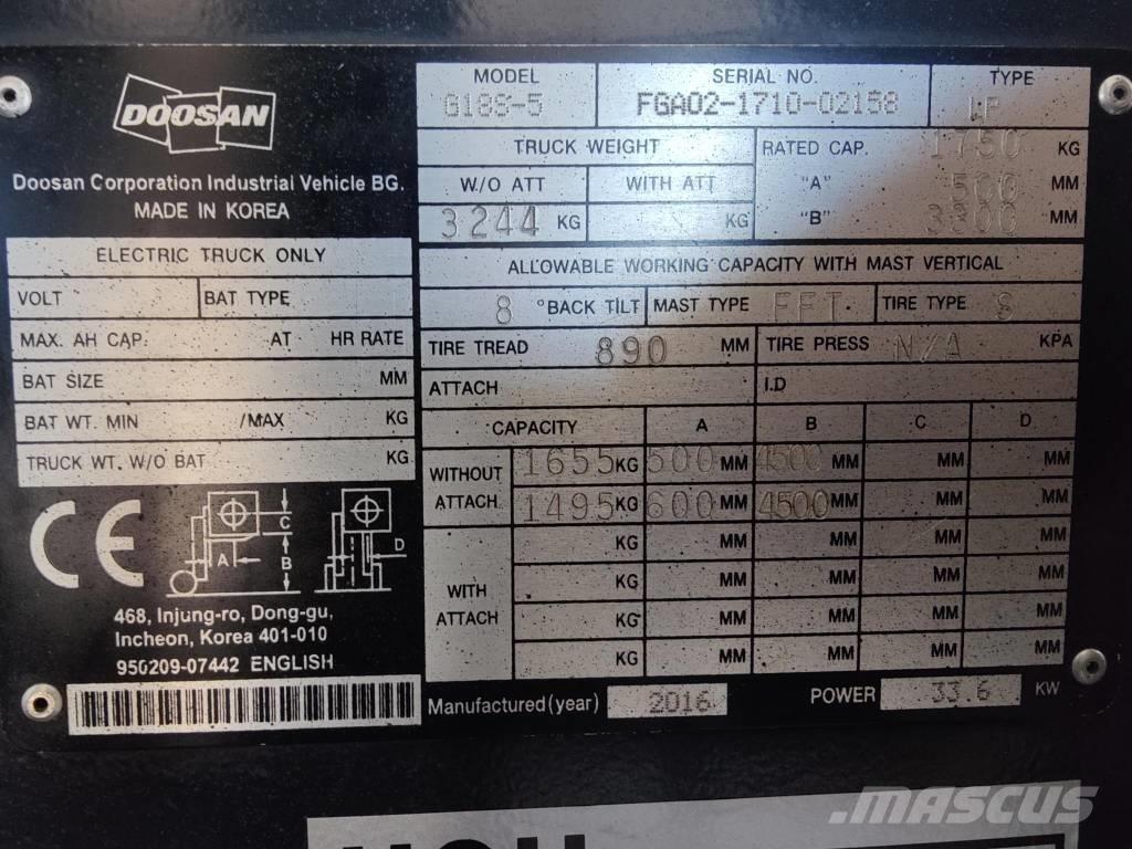 Doosan G18 S-5 Περονοφόρα ανυψωτικά κλαρκ με φυσικό αέριο LPG