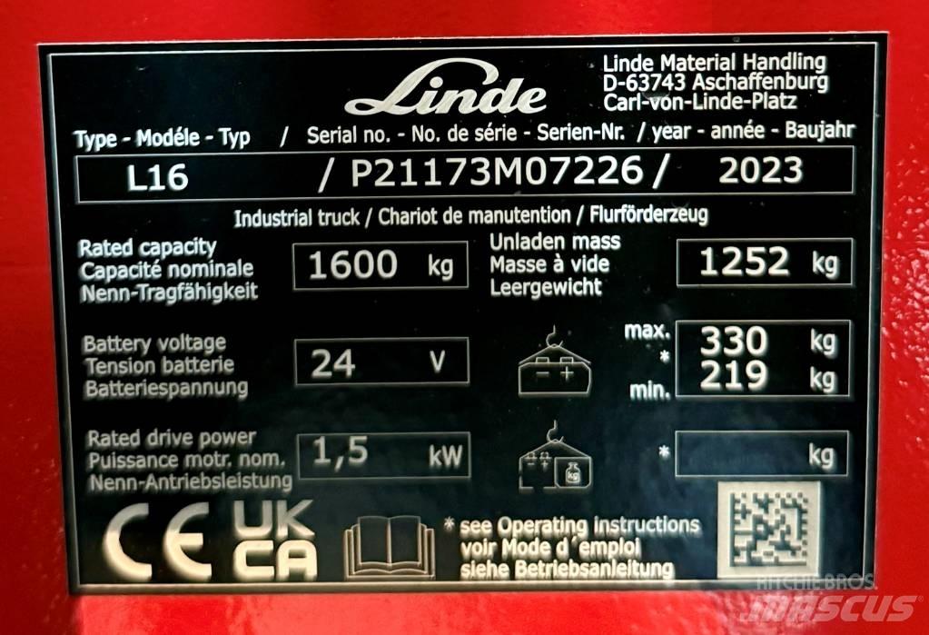 Linde L16/1173-01 Παλετοφόρα πεζού χειριστή με ιστό