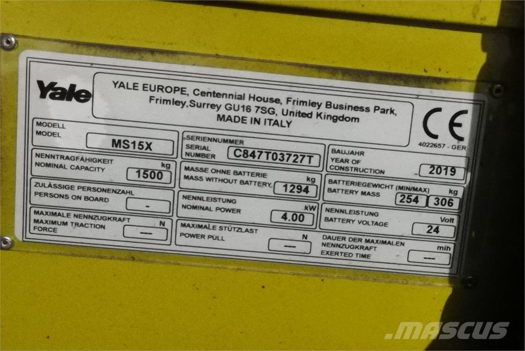 Yale MS15XSL Ηλεκτρικά παλετοφόρα με ιστό