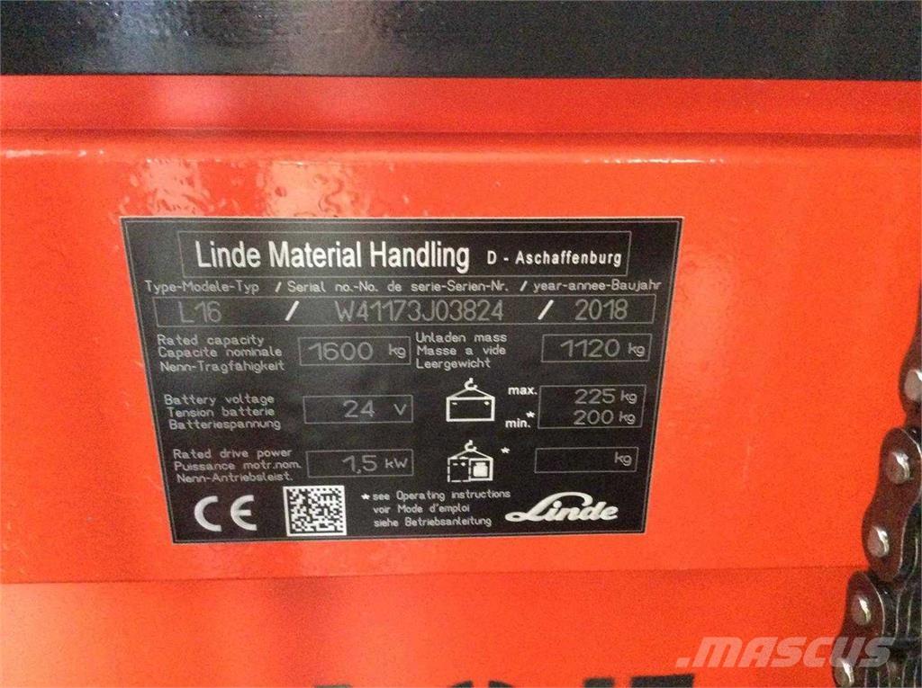 Linde L16 Ηλεκτρικά παλετοφόρα με ιστό