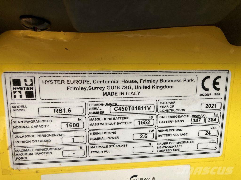 Hyster RS 1.6 IL Ηλεκτρικά παλετοφόρα με ιστό