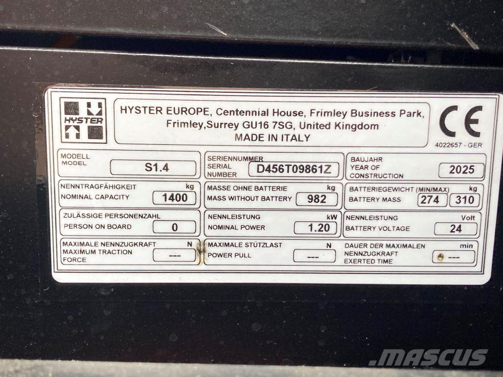 Hyster S 1.4 Παλετοφόρα πεζού χειριστή με ιστό