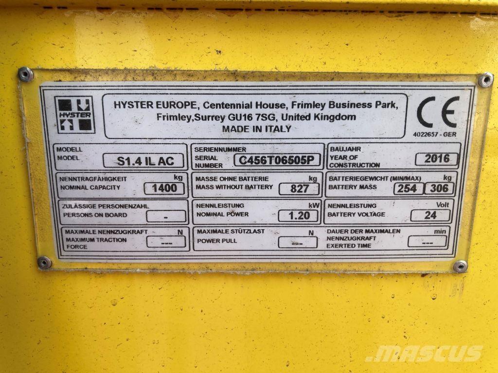 Hyster S 1.4 IL Παλετοφόρα πεζού χειριστή με ιστό