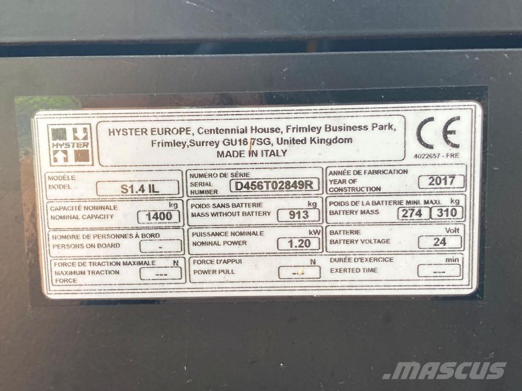 Hyster S 1.4 IL Παλετοφόρα πεζού χειριστή με ιστό