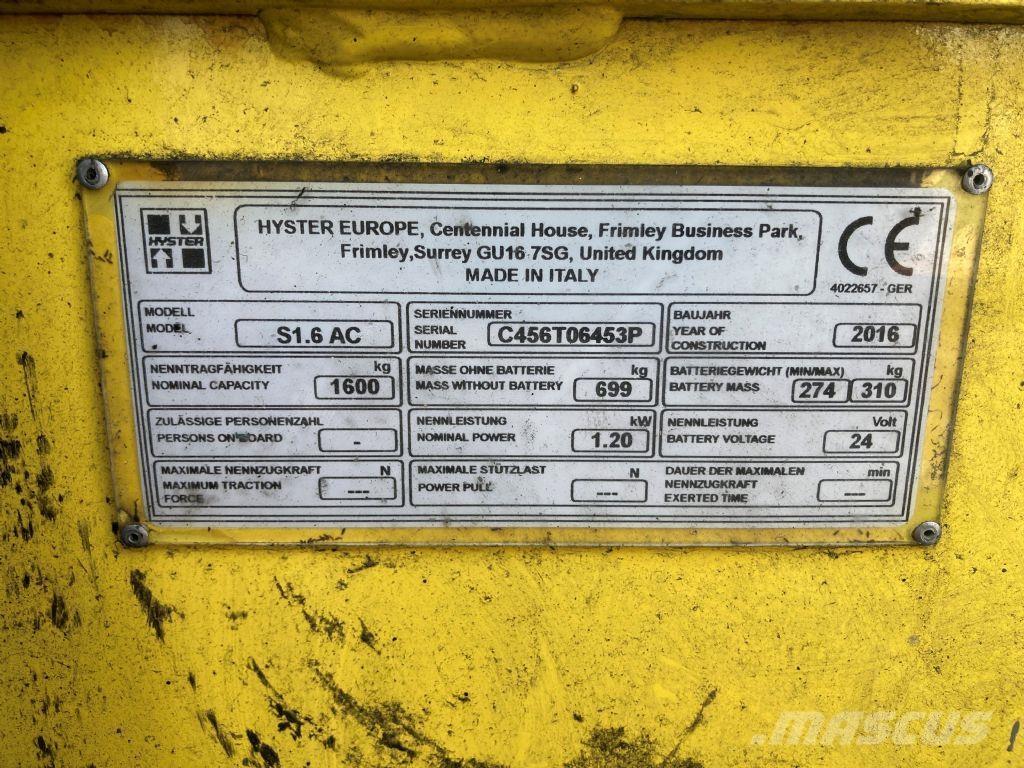 Hyster S 1.6 AC Παλετοφόρα πεζού χειριστή με ιστό