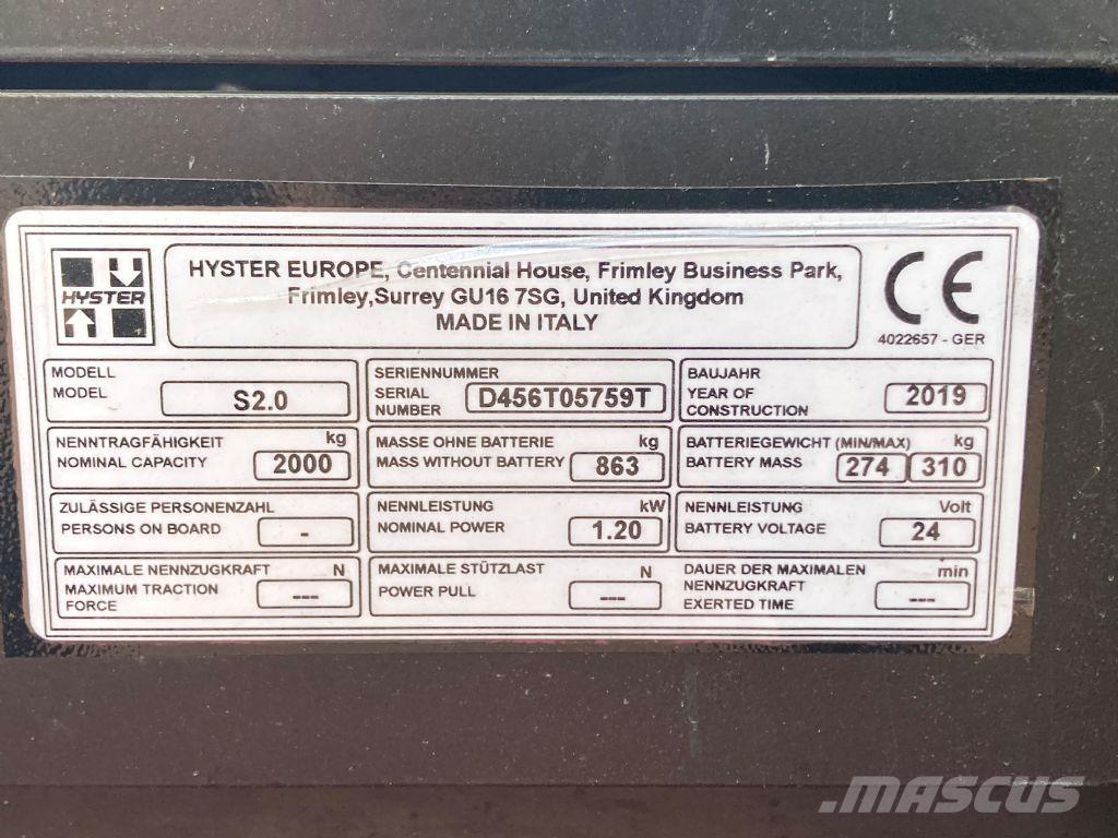 Hyster S 2.0 Παλετοφόρα πεζού χειριστή με ιστό
