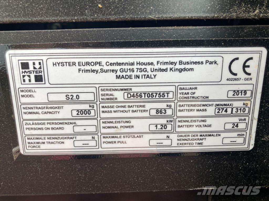 Hyster S 2.0 Παλετοφόρα πεζού χειριστή με ιστό
