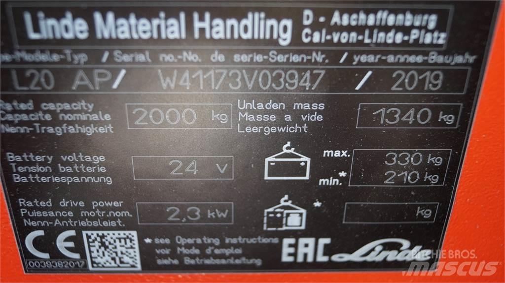 Linde L20APi Παλετοφόρα πεζού χειριστή με ιστό
