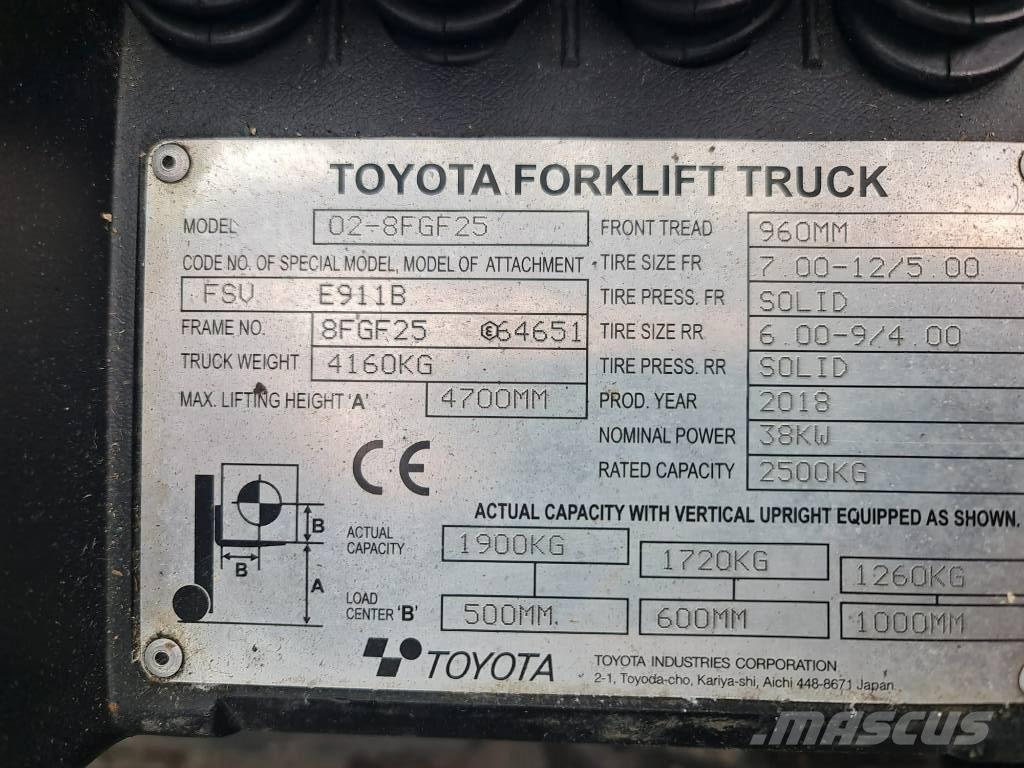 Toyota 02-8 FGF25 Περονοφόρα ανυψωτικά κλαρκ με φυσικό αέριο LPG