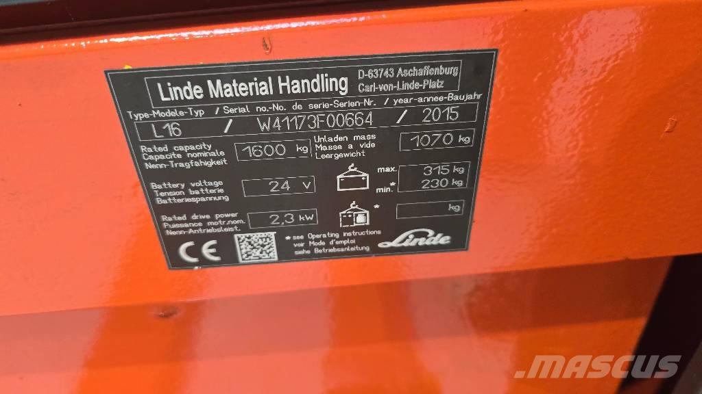 Linde L 16 Παλετοφόρα πεζού χειριστή με ιστό