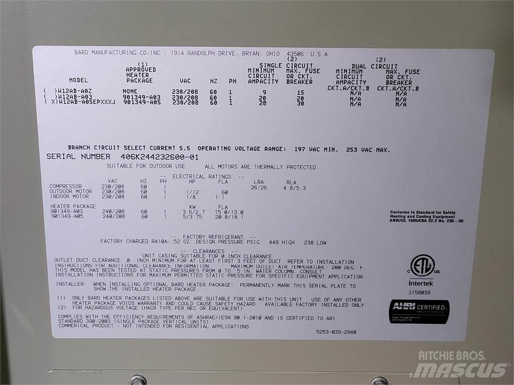  BARD W12AB-A05EPXXXJ Εξοπλισμός θέρμανσης και ξεπαγώματος