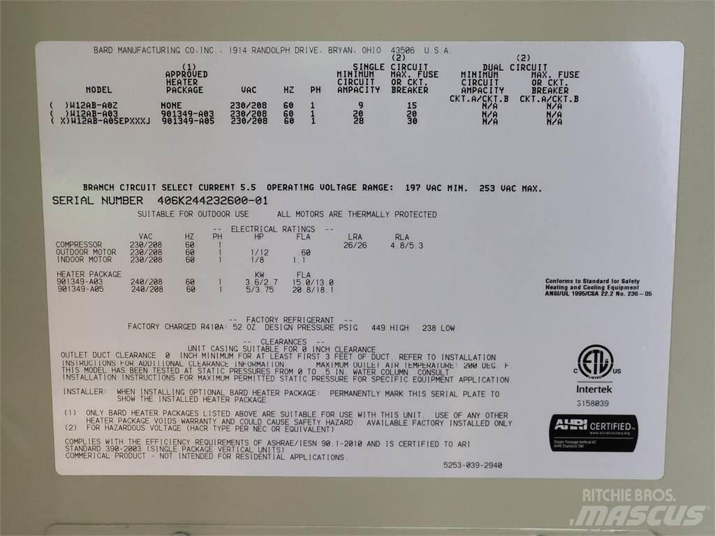  BARD W12AB-A05EPXXXJ Εξοπλισμός θέρμανσης και ξεπαγώματος