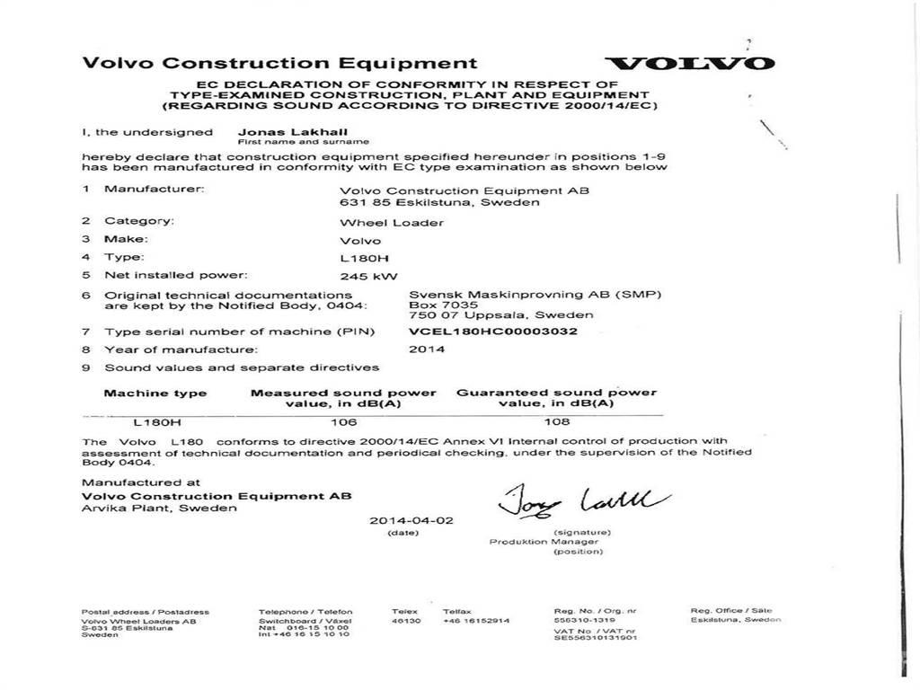 Volvo L180H Φορτωτές με λάστιχα (Τροχοφόροι)