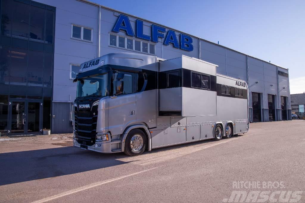 Scania V8 Hästlastbil med uppskjut och utskjut ALFAB Φορτηγά μεταφοράς ζώων