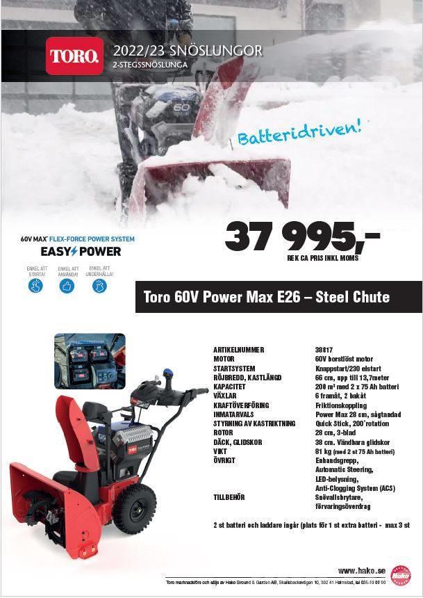 Toro Power Max E26 Batteridriven 2-stegs snöslunga Εκτοξευτές χιονιού